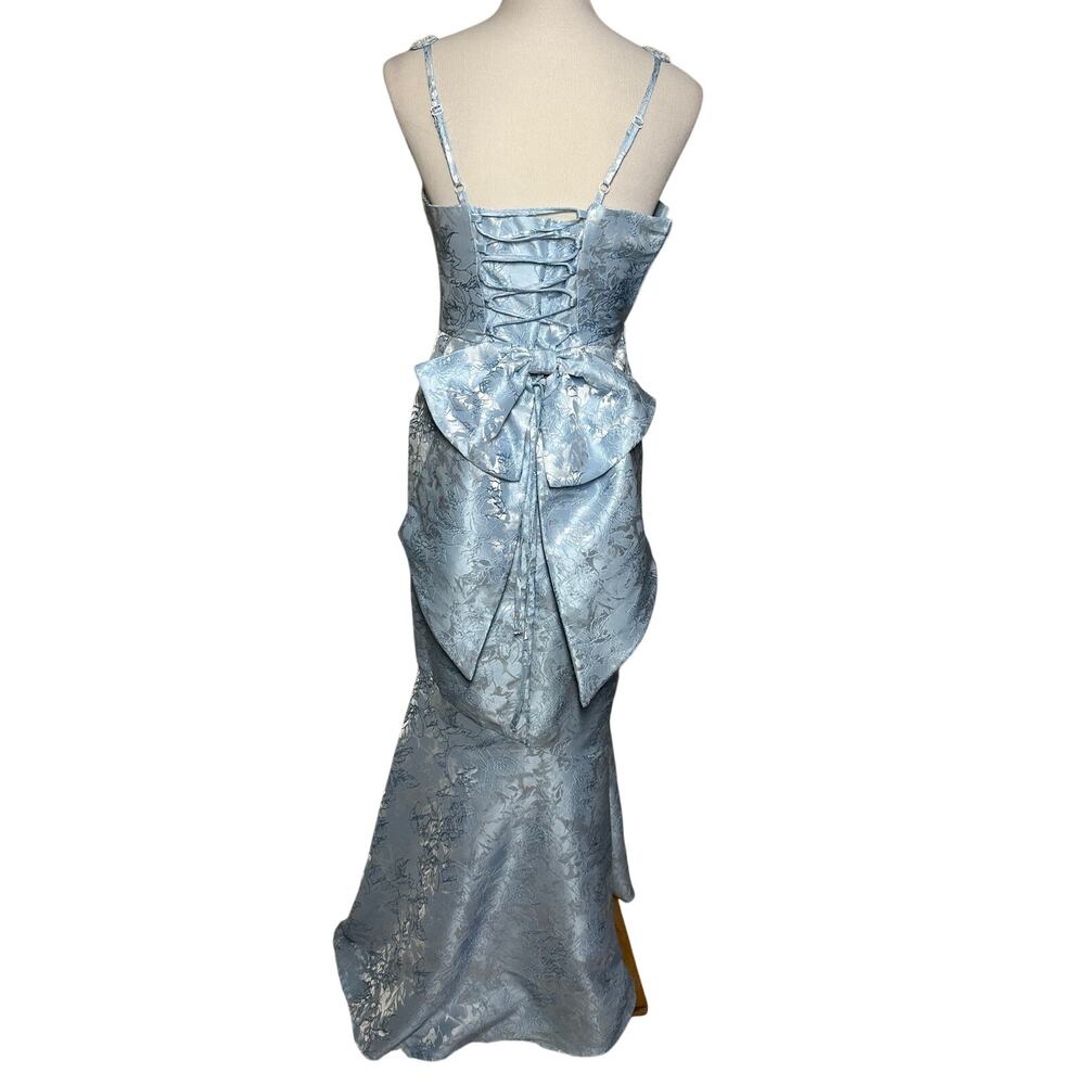 Blue Jacquard Sequin Corset Back Removable Bow Dress Long Gown Sz S - Picture 4 of 16